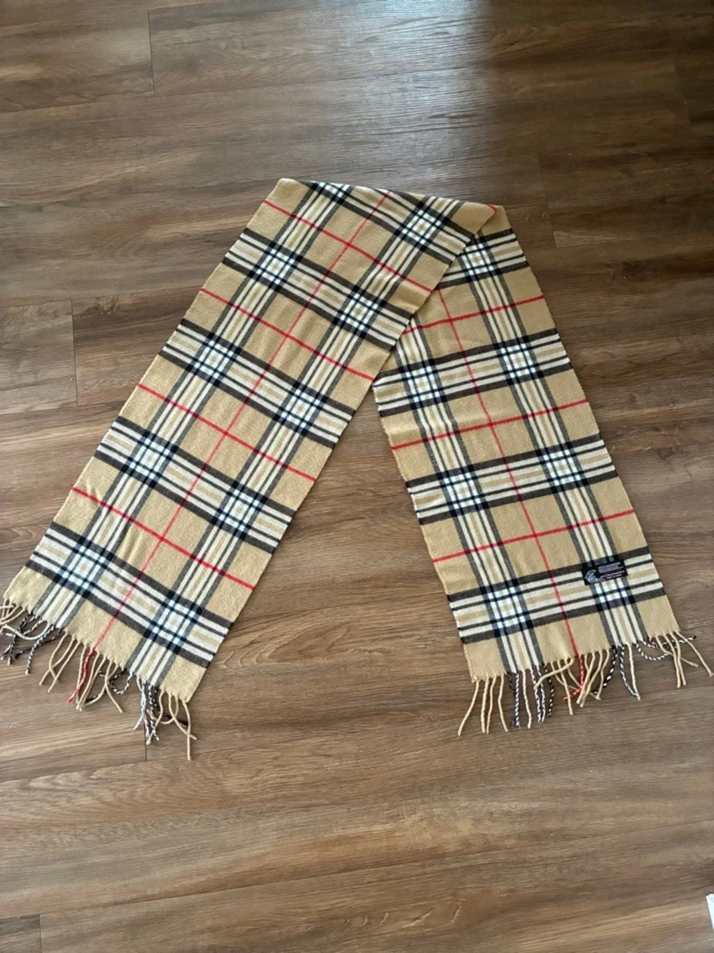 Plaid Cashmere Blend Vintage Inspired Scarf - Tan & Red Check - Soft Fringe